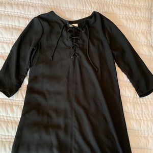 Black lace up neckline shift dress